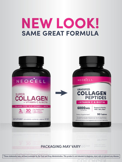 Grassfed Collagen Peptides + C & Biotin, 6000 mg, 90 Tablets