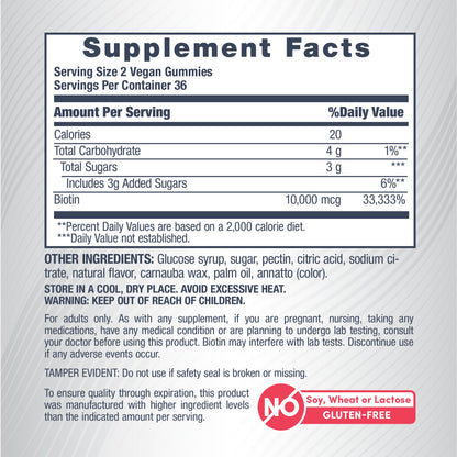 Biotin 10,000 mcg Gummies Peach Flavor, 72 Tasty Vegan Gummies