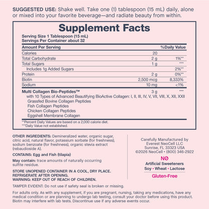 Multi Collagen + Biotin Liquid Advanced Delicious Fruit Punch Flavor, 16 oz Liquid