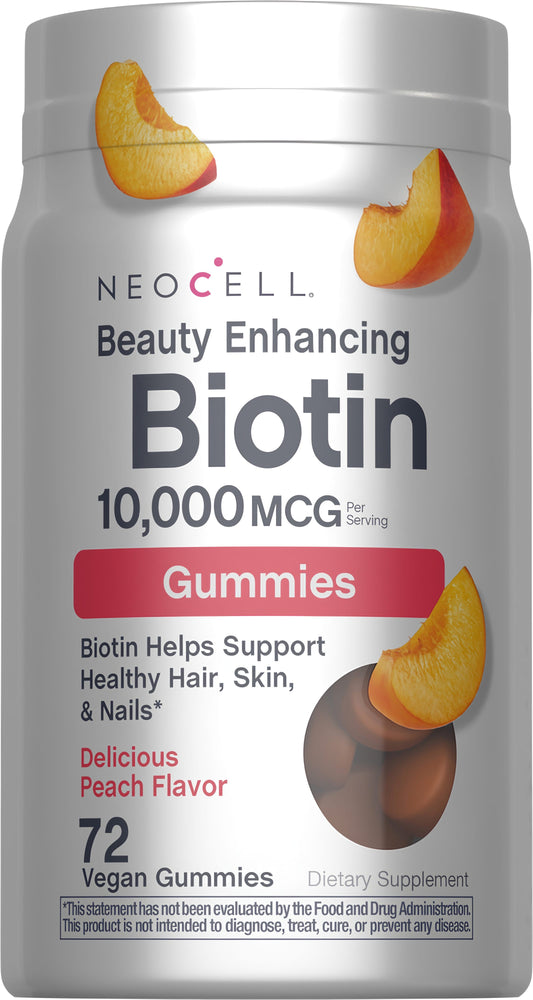 Biotin 10,000 mcg Gummies Peach Flavor, 72 Tasty Vegan Gummies